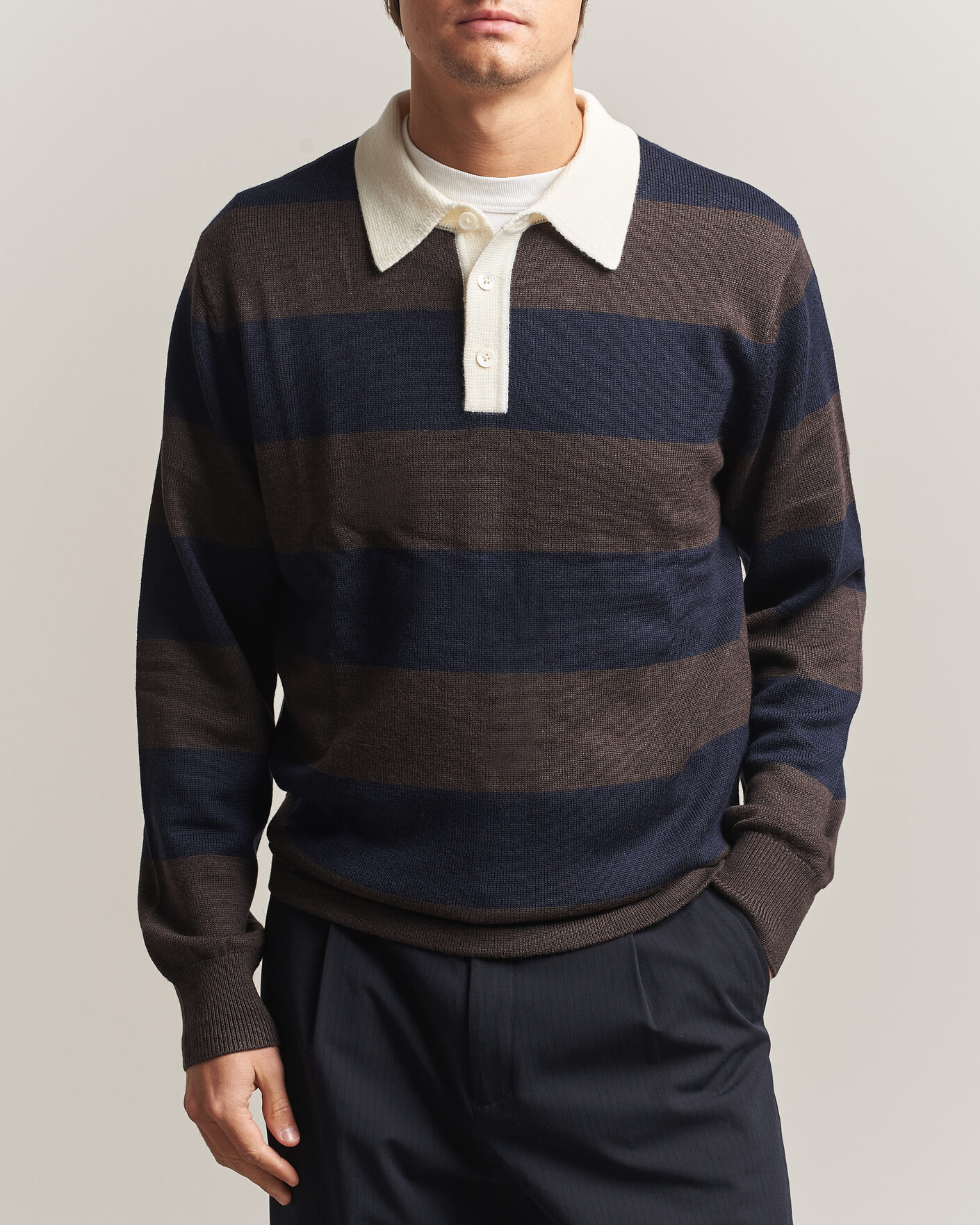 Hombres | Jerséis y prendas de punto | A Day's March | Kenny Striped Merino Rugby Sweater Brown/Navy