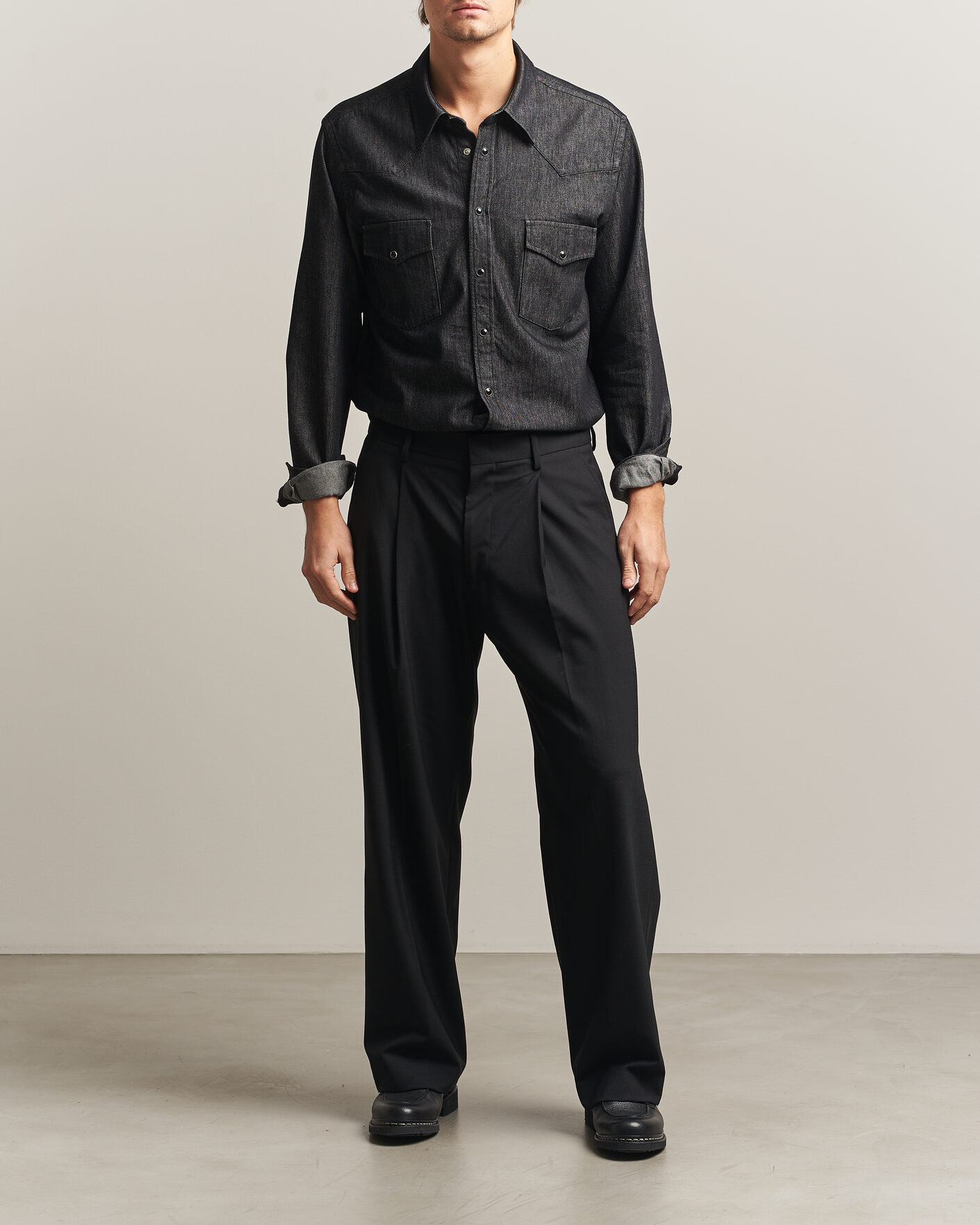 Hombres | Camisas | Oscar Jacobson | Straight Fit Western Shirt Dark Grey