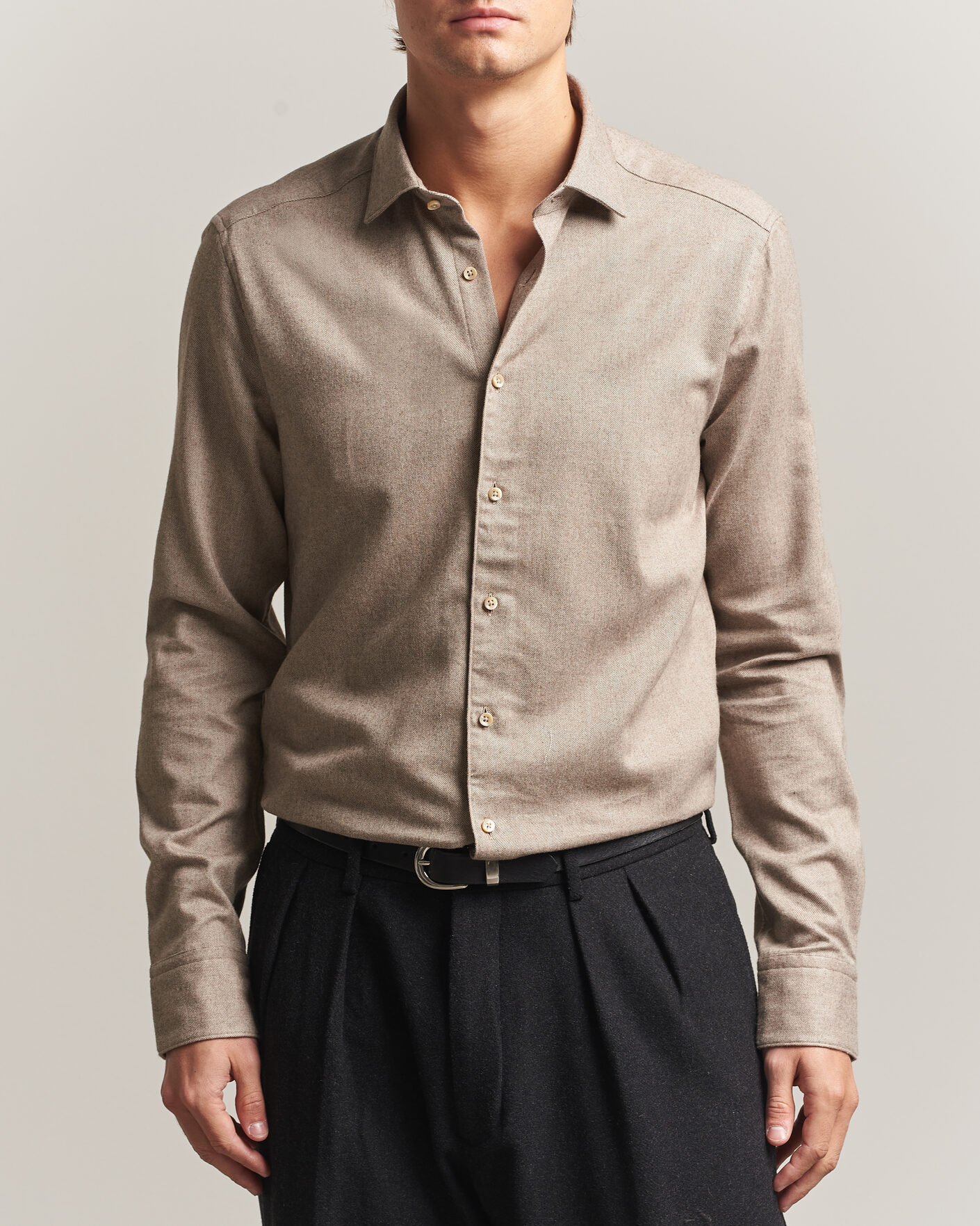 Hombres | Camisas | Stenströms | Slimline Flannel Shirt Light Brown