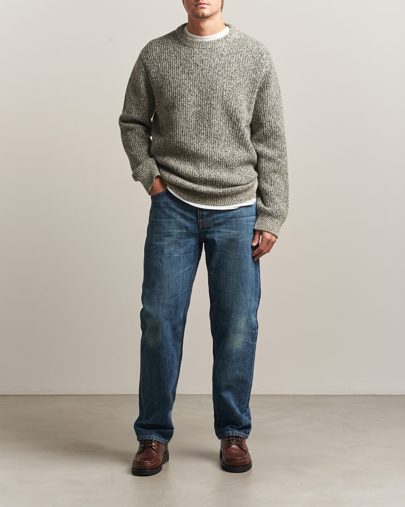 Hombres | Jerséis y prendas de punto | Nudie Jeans | August Wool Rib Knitted Sweater Green Melange