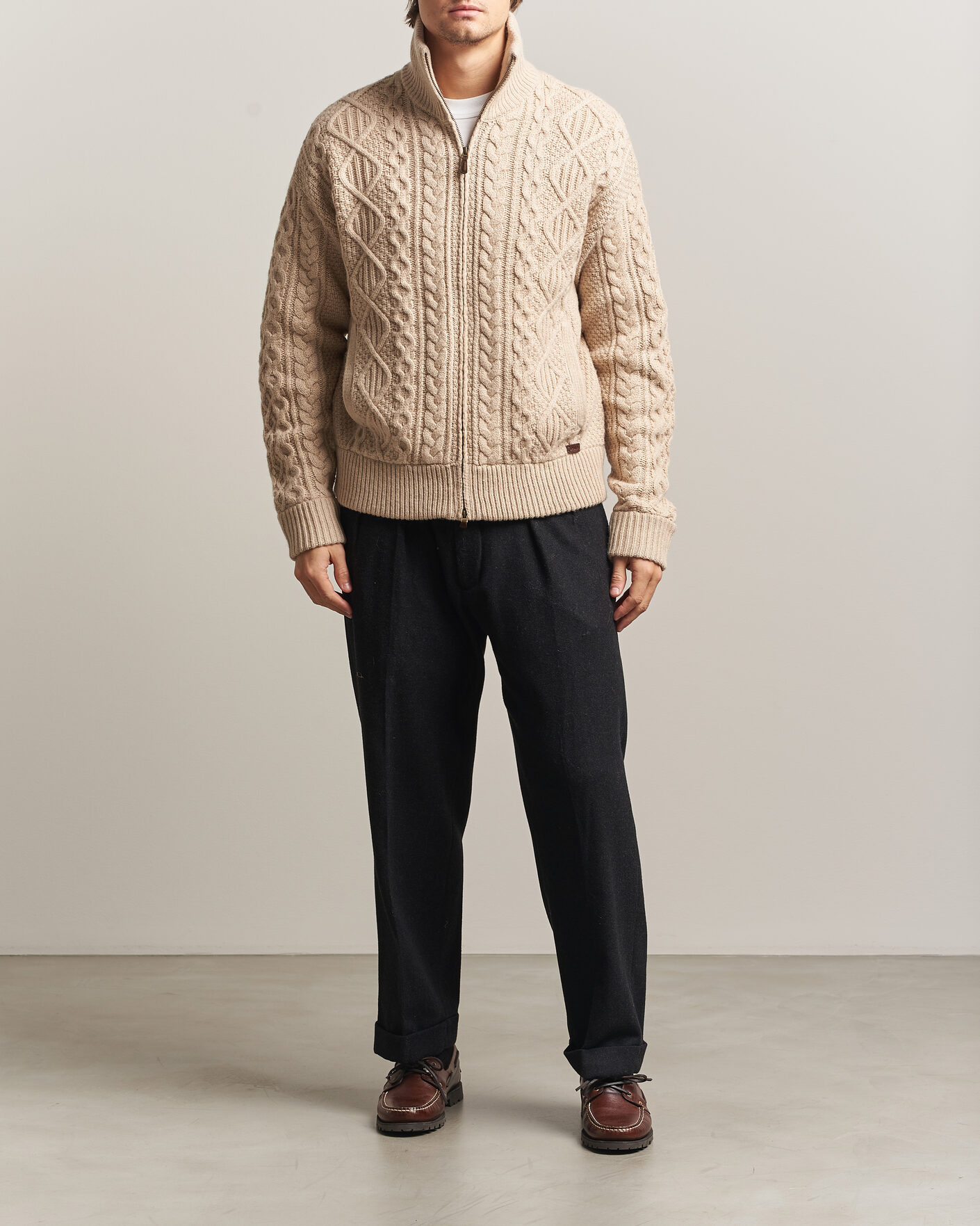 Hombres | Jerséis y prendas de punto | Polo Ralph Lauren | Wool/Alpaca Aran Full-Zip Jicama Brown Heather