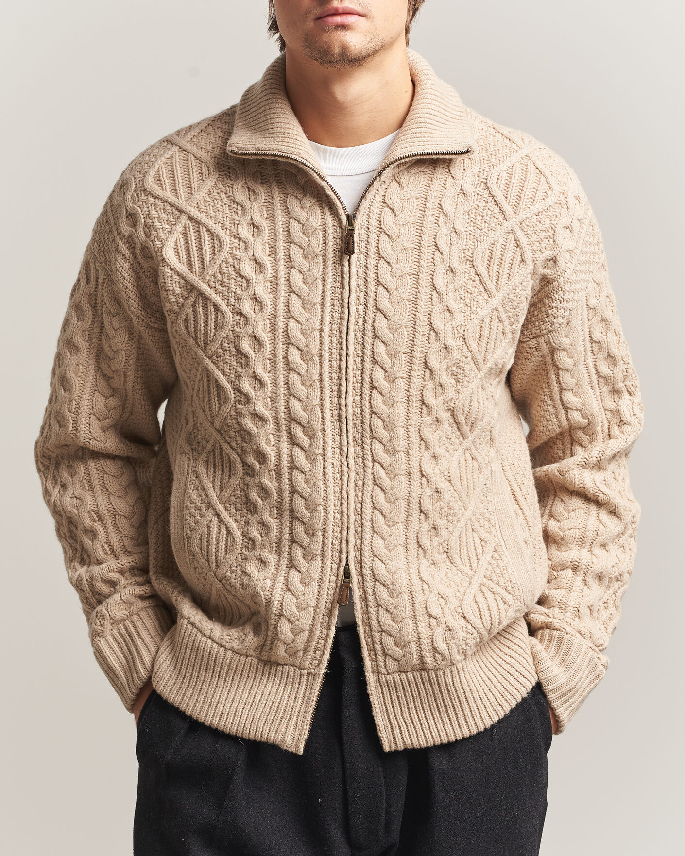Hombres | Jerséis y prendas de punto | Polo Ralph Lauren | Wool/Alpaca Aran Full-Zip Jicama Brown Heather