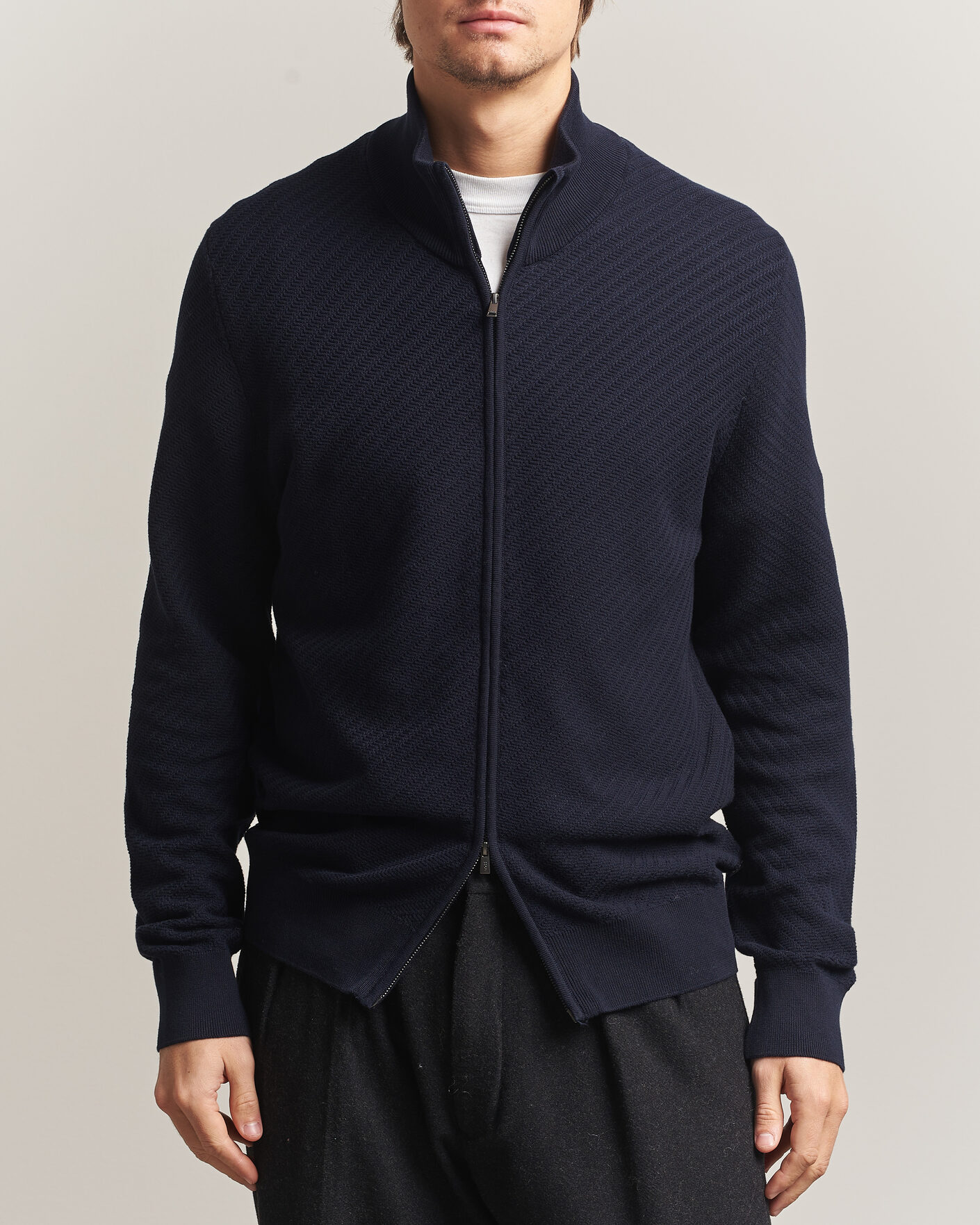 Hombres | Jerséis y prendas de punto | BOSS BLACK | Loretti Cotton Knitted Full Zip Dark Blue