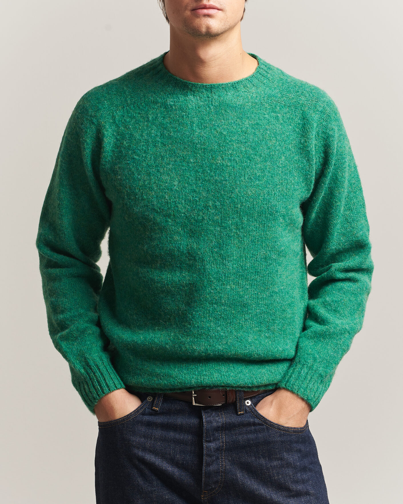 Hombres | Jerséis y prendas de punto | Harley Of Scotland | Brushed Supersoft Lambswool Crewneck Evergreen