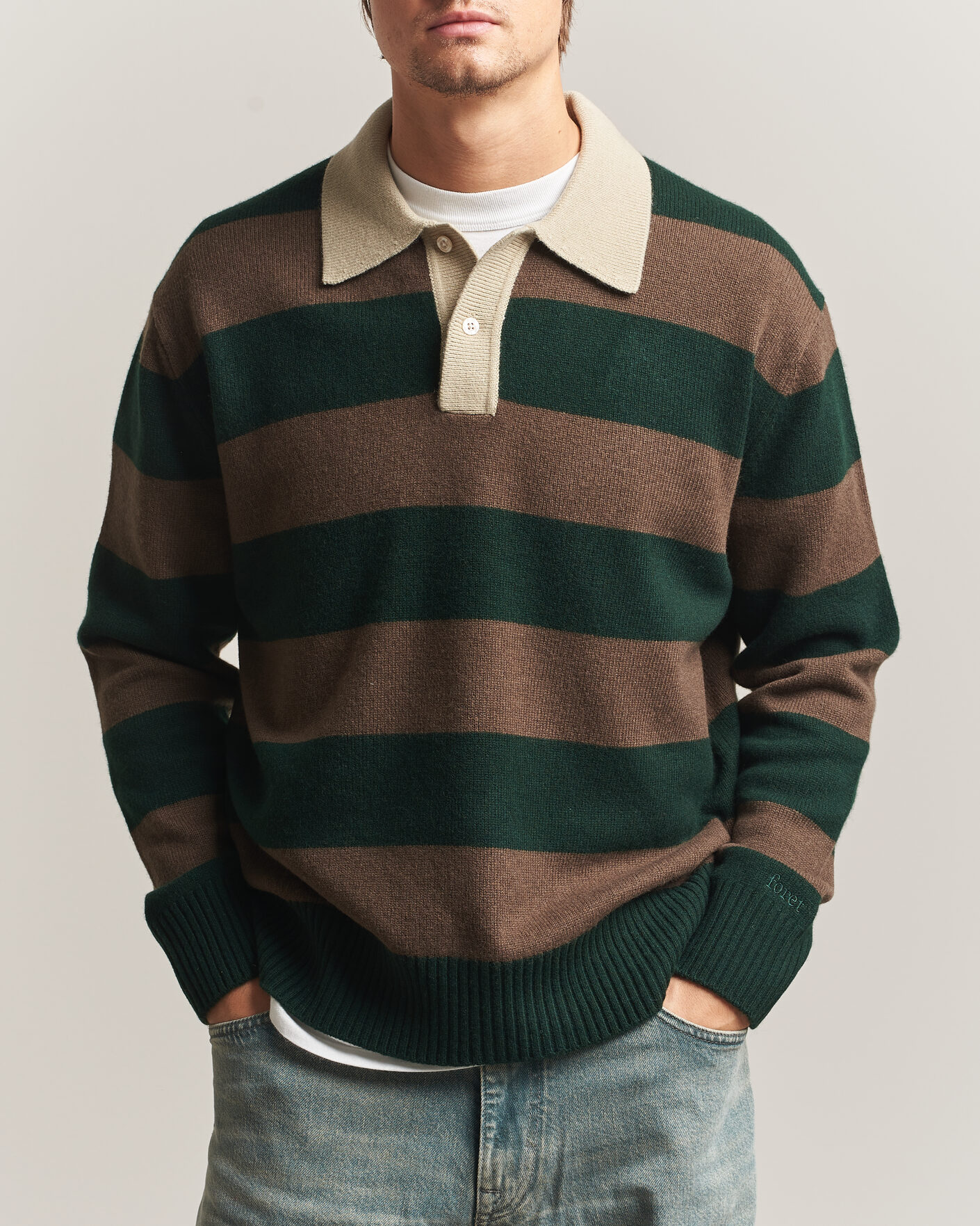 Hombres | Jerséis y prendas de punto | Forét | Frost Stripe Knit Polo Deep Green