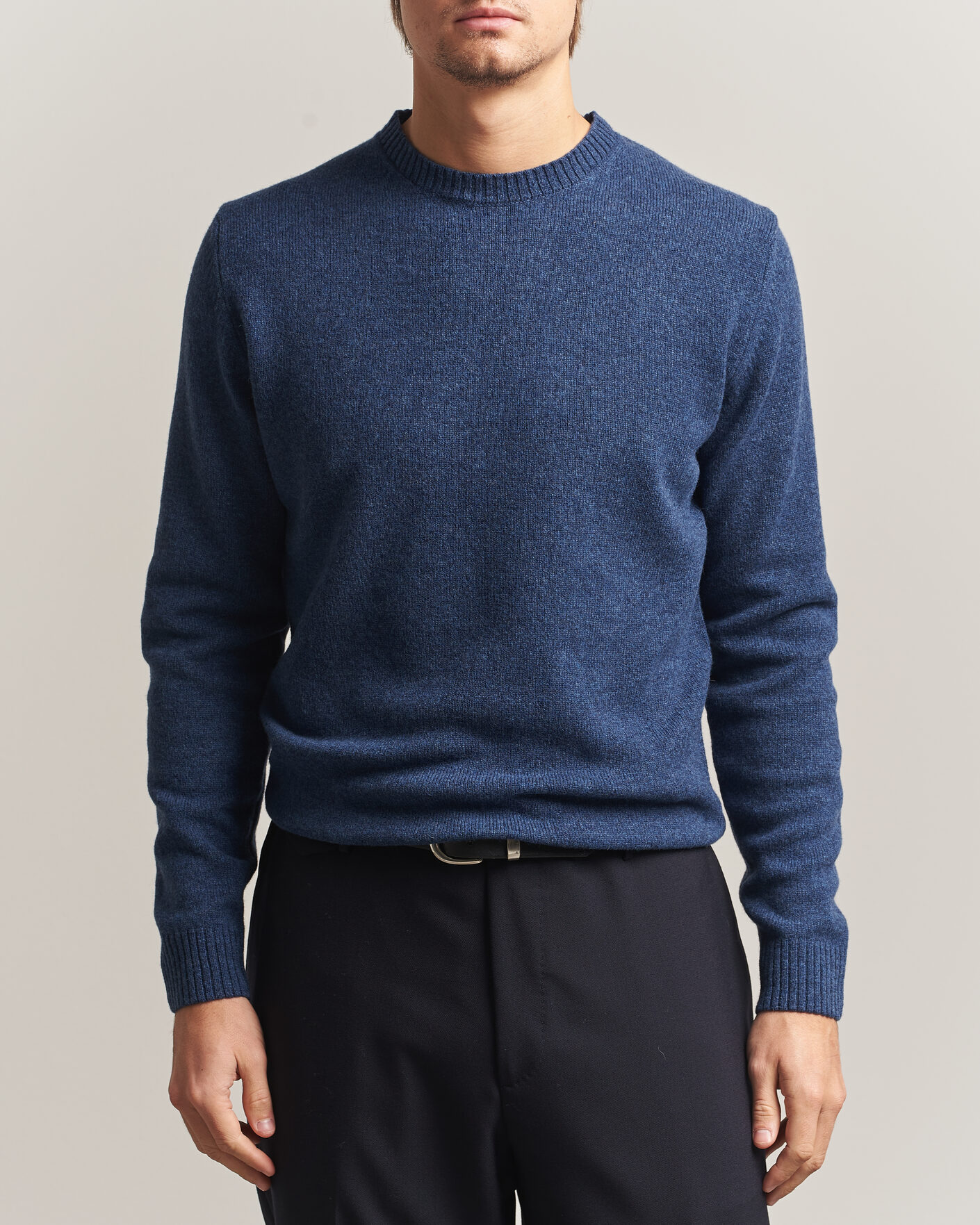 Hombres | Jerséis y prendas de punto | Stenströms | Knitted Lambswool Crew Neck Indigo Melange