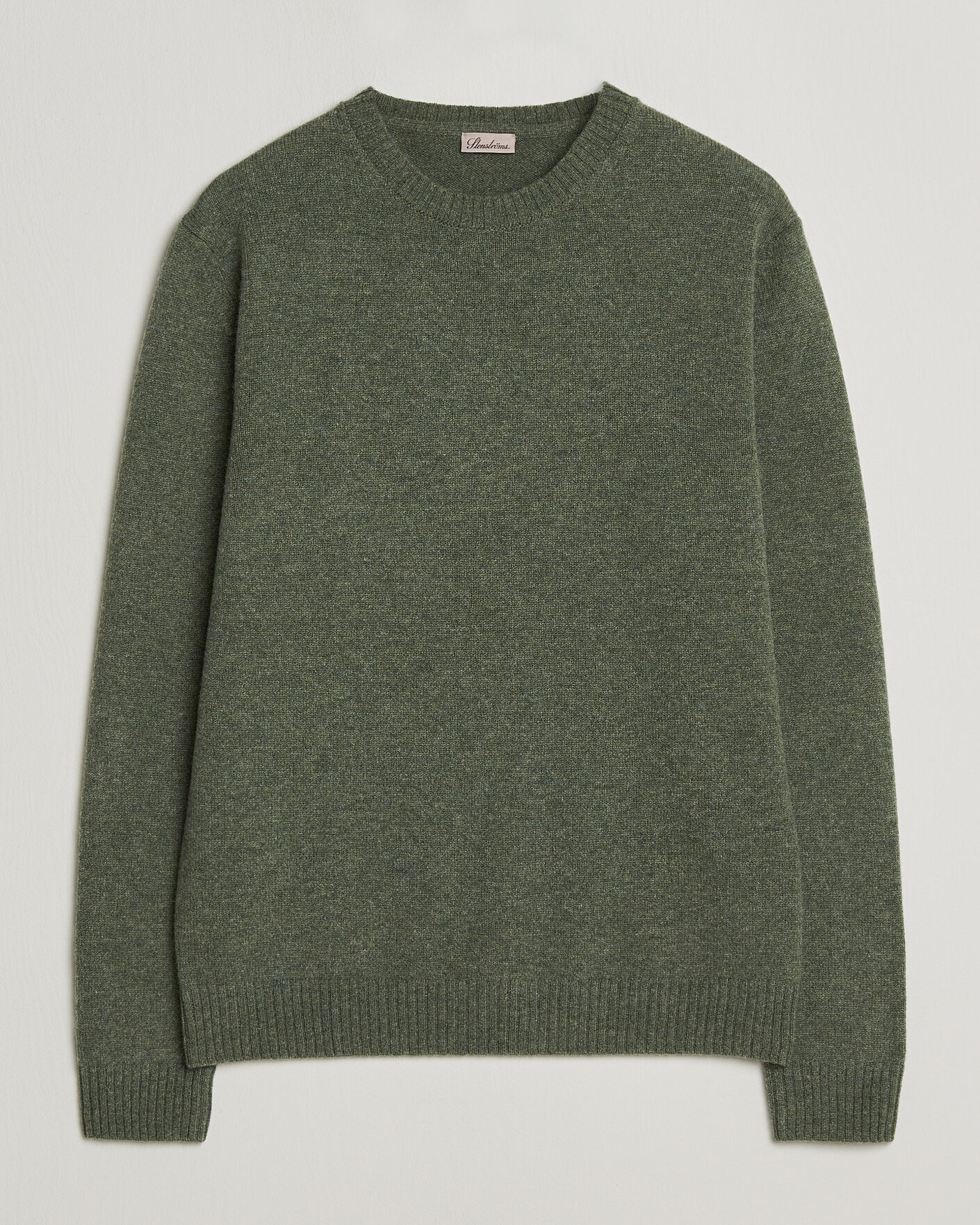 Hombres | Jerséis y prendas de punto | Stenströms | Knitted Lambswool Crew Neck Light Army Green Melange