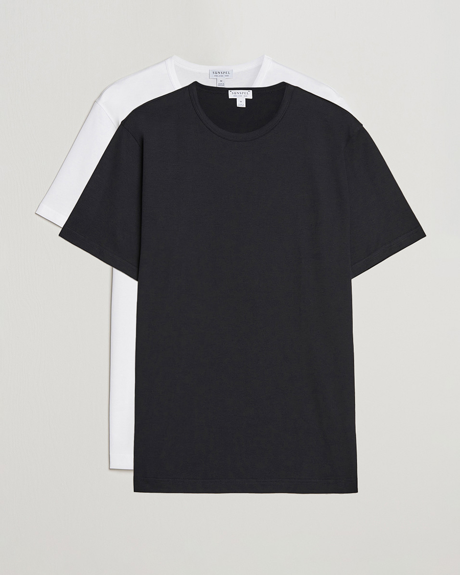 Hombres | Camisetas | Sunspel | 2-Pack Crew Neck Q82 Cotton T-Shirt White & Black