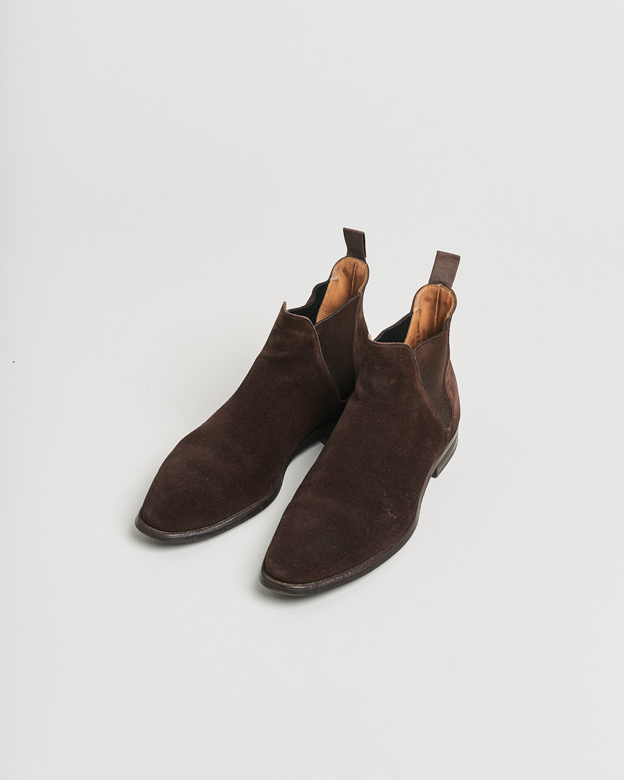 Hombres | Crockett & Jones Chelsea 8 Boot Dark Brown Suede | Pre-owned | Crockett & Jones Chelsea 8 Boot Dark Brown Suede