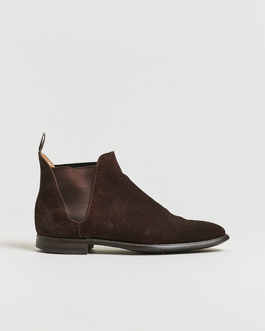 Hombres | Crockett & Jones Chelsea 8 Boot Dark Brown Suede | Pre-owned | Crockett & Jones Chelsea 8 Boot Dark Brown Suede