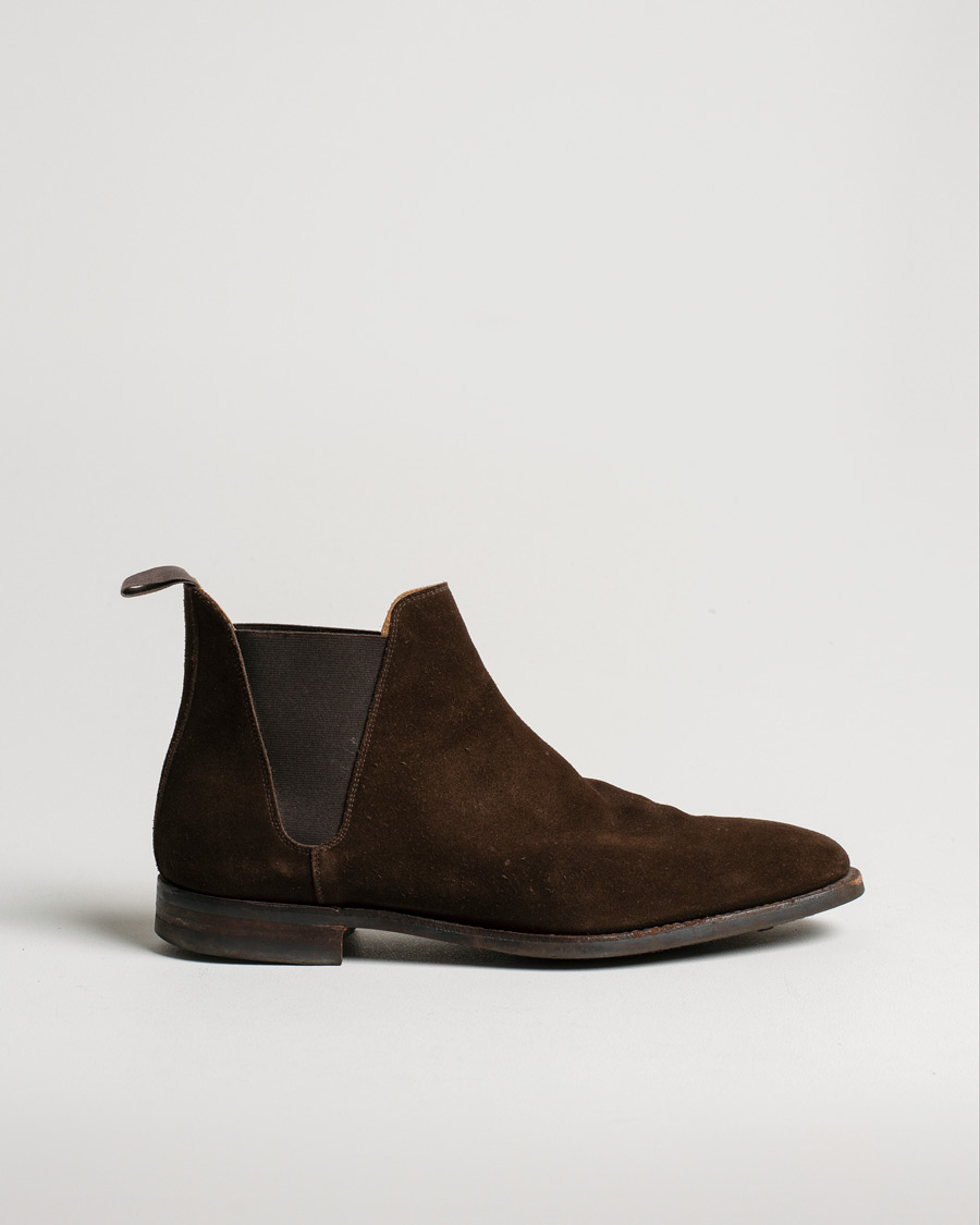 Hombres | Crockett & Jones Chelsea 8 Boot Dark Brown Suede | Pre-owned | Crockett & Jones Chelsea 8 Boot Dark Brown Suede
