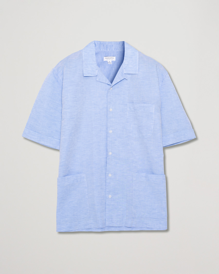 Hombres | Sunspel Short Sleeve Melange Camp Collar Shirt Blue Linen | Pre-owned | Sunspel Short Sleeve Melange Camp Collar Shirt Blue Linen