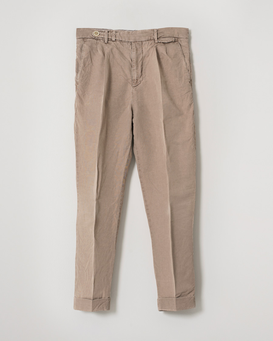Hombres | Brunello Cucinelli Slim Fit Cotton/linen Pleated Trousers Brown | Pre-owned | Brunello Cucinelli Slim Fit Cotton/linen Pleated Trousers Brown