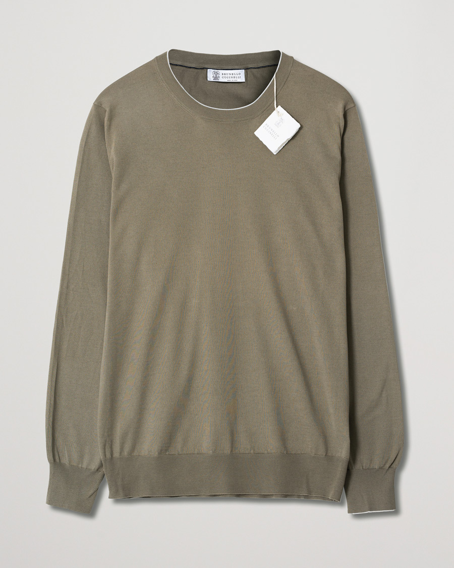 Hombres | Brunello Cucinelli Crew Neck Cotton Contrast Pullover Olive Green | Pre-owned | Brunello Cucinelli Crew Neck Cotton Contrast Pullover Olive Green