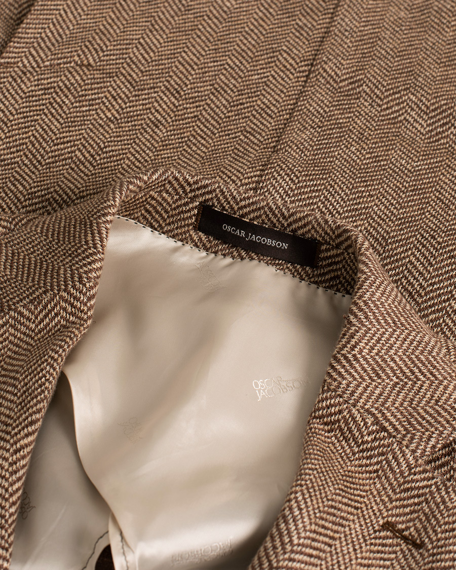 Hombres | Blazers | Pre-owned | Oscar Jacobson Egel Patch Herringbone Linen Blazer Brown