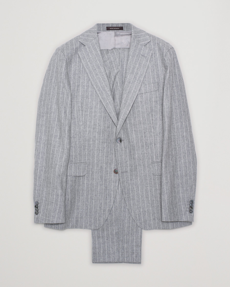 Hombres | Oscar Jacobson Ego Pinstripe Wool Flannel Suit Grey Melange | Pre-owned | Oscar Jacobson Ego Pinstripe Wool Flannel Suit Grey Melange