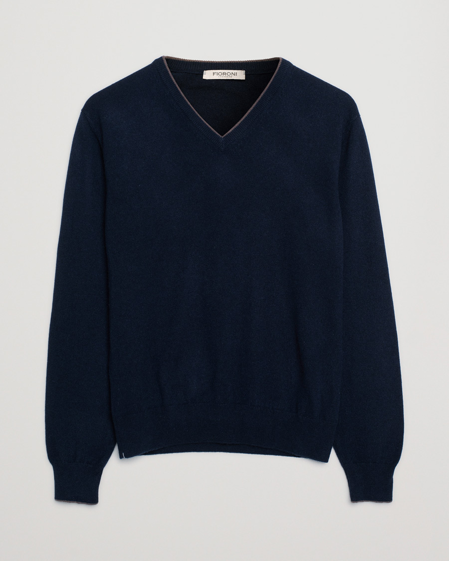 Hombres | Jerséis y prendas de punto | Pre-owned | Fioroni Cashmere V Neck Sweater Navy 48