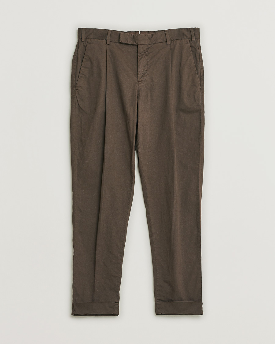 Hombres | PT01 Slim Fit Pleated Linen Blend Trousers Chocolate | Pre-owned | PT01 Slim Fit Pleated Linen Blend Trousers Chocolate