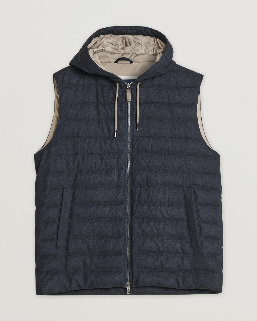 Hombres | Pre-owned Chaquetas | Pre-owned | Herno Hooded Flannel Cashmere & Silk Vest Navy 52