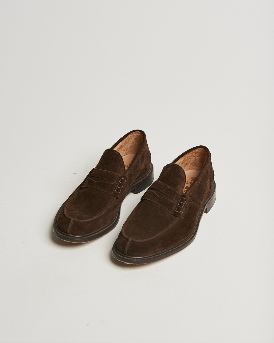 Hombres | Tricker's James Penny Loafers Chocolate Suede | Pre-owned | Tricker's James Penny Loafers Chocolate Suede