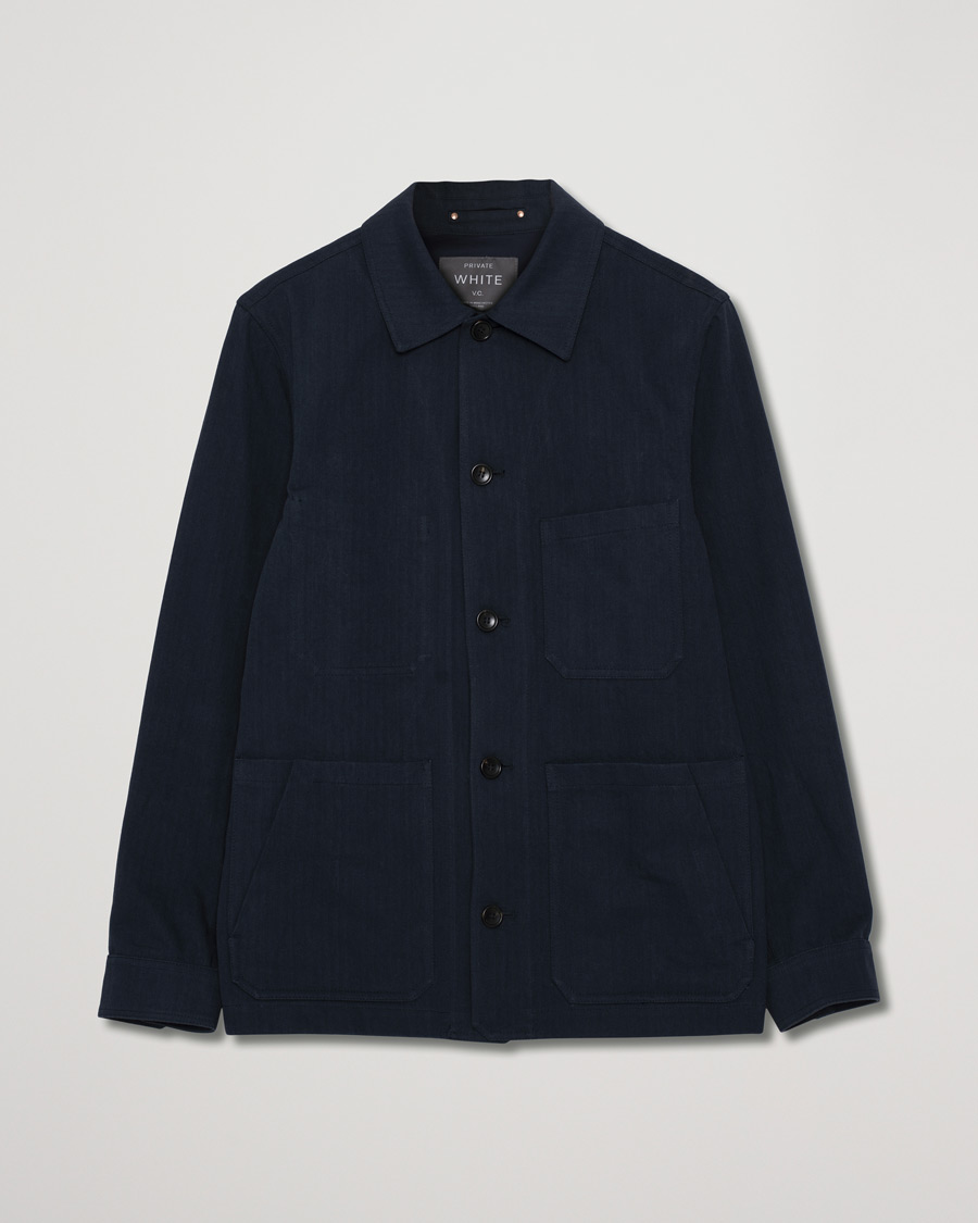 Hombres | Private White V.C. Herringbone Overshirt Navy 3 - S | Pre-owned | Private White V.C. Herringbone Overshirt Navy 3 - S