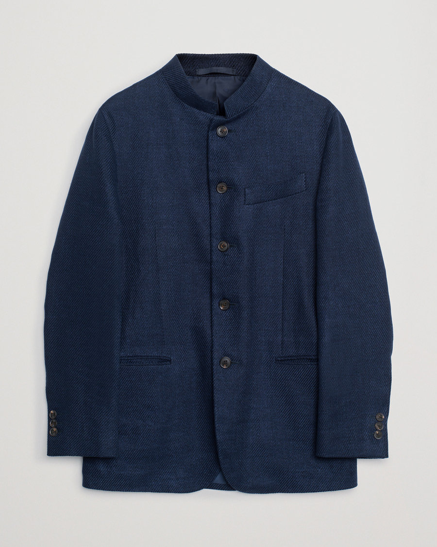 Hombres | Caruso Cotton/Linen Nehru Blazer Dark Blue 46 | Pre-owned | Caruso Cotton/Linen Nehru Blazer Dark Blue 46
